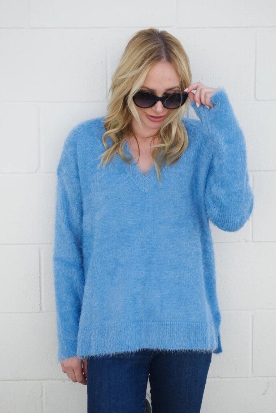 Show Me Your Mumu Cozy Forever Sweater Fuzzy Oversized Bright Blue Knit Xs